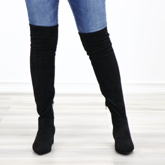 Pointy Toe Over The Knee Black Boots Faux Suede - Picture 16 of 16